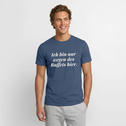 "Ich bin nur wegen des Buffets hier." Motiv-T-Shirt für Männer, Farbe Dunkles Denimblau