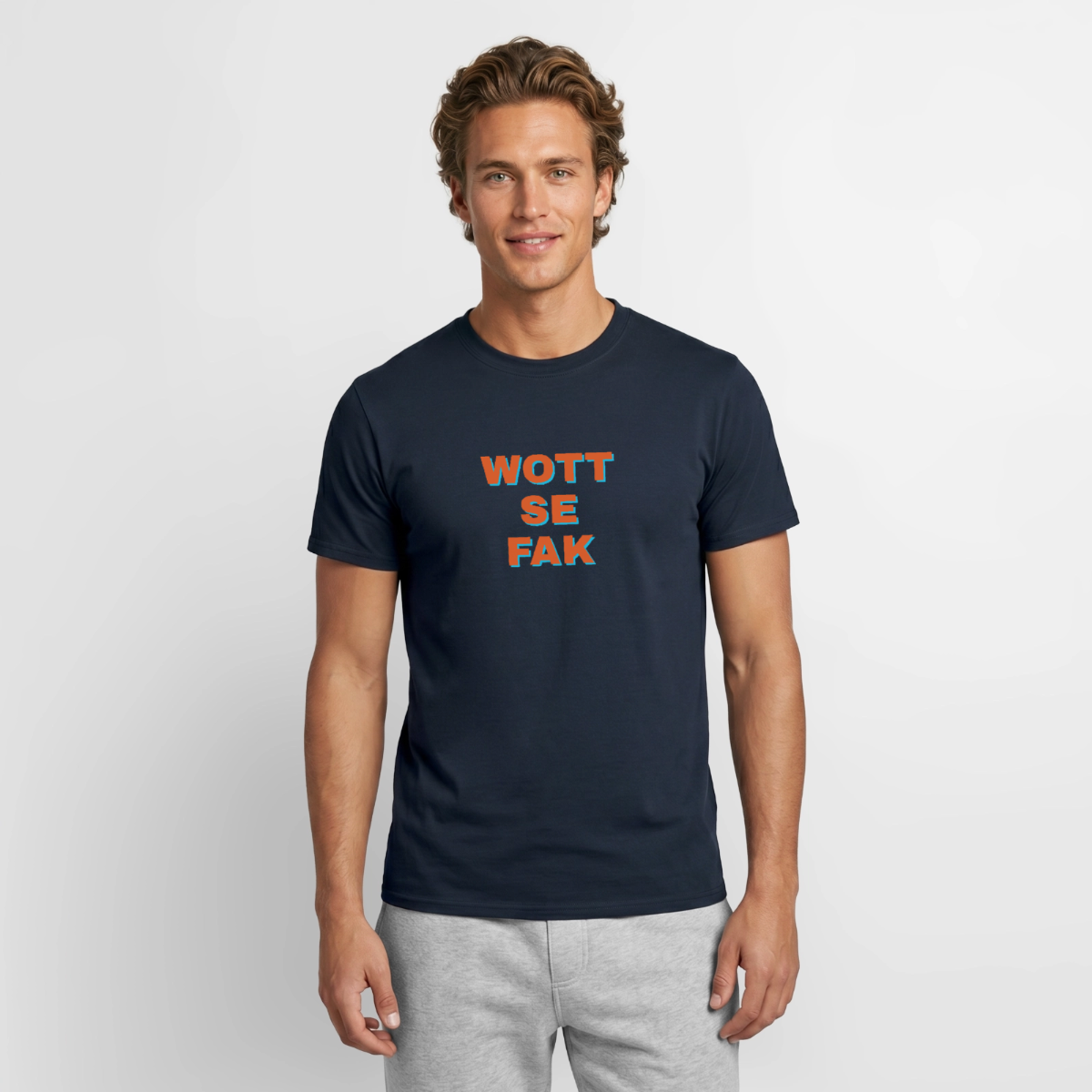 Wott se fak. Block-Motiv Motiv-T-Shirt für Männer, Farbe Navy, Model