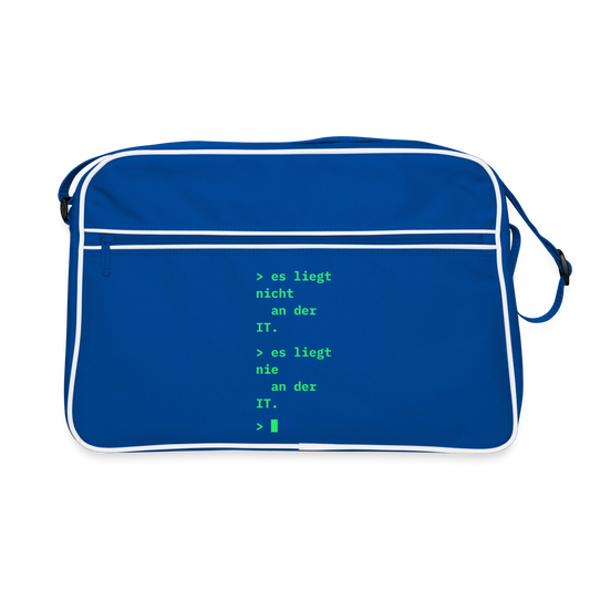"Es liegt nicht an der IT. Es liegt nie an der IT." Motiv-Retro-Tasche, Farbe Blau/Weiß