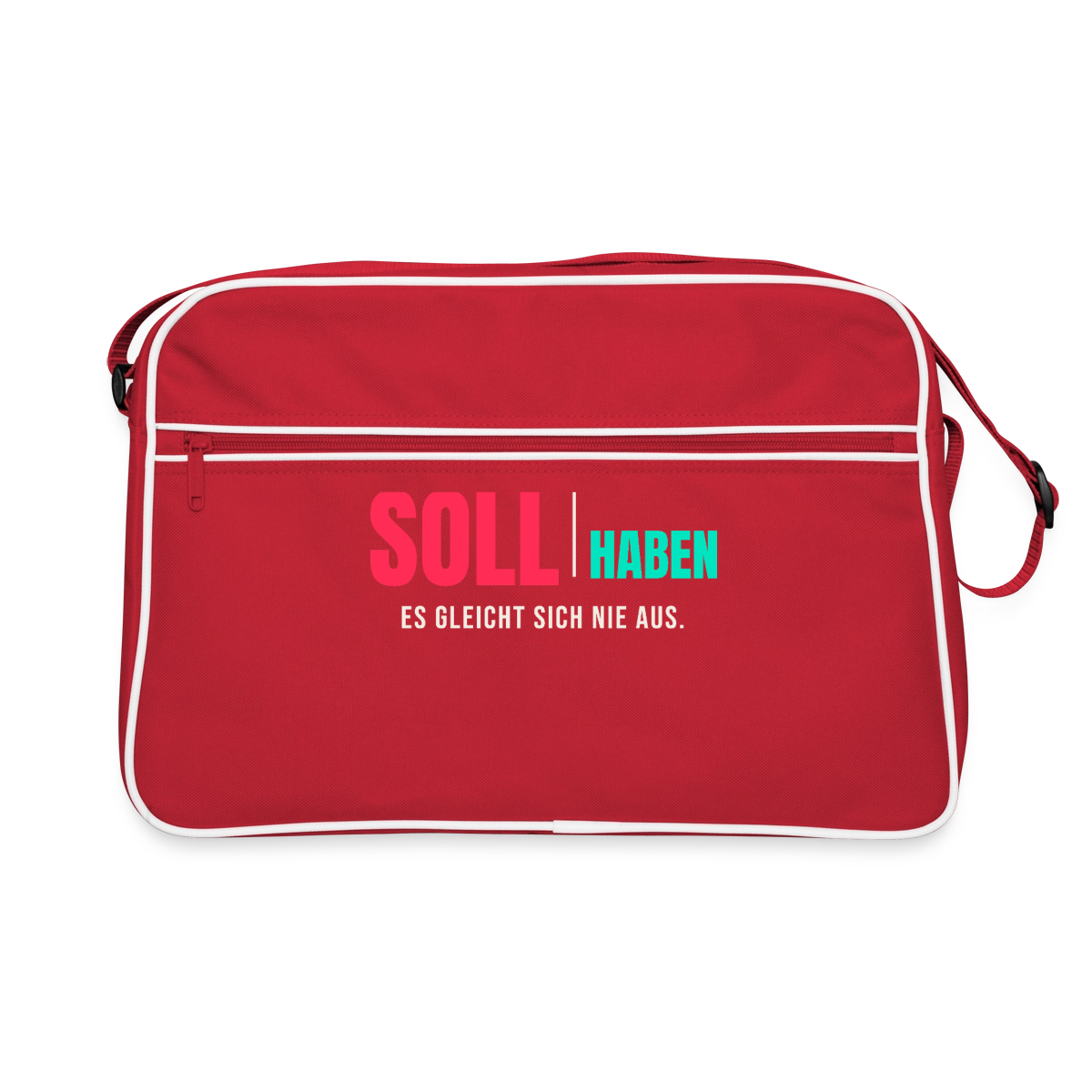 "Soll und Haben. Es gleicht sich nie aus." Motiv-Retro-Tasche, Farbe Rot/Weiß