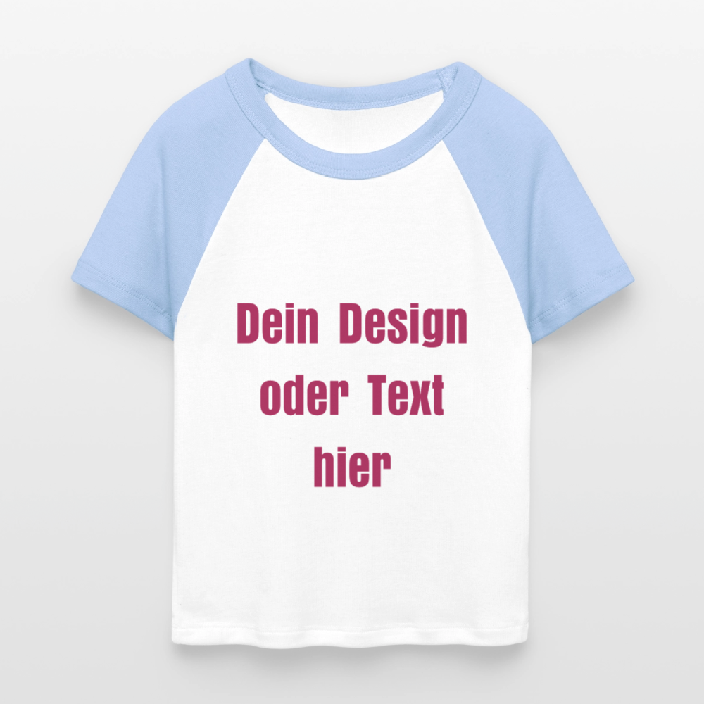 Frauen Cropped Baseball T-Shirt - personalisierbare Vorder- und Rückseite - Weiß/Hellblau