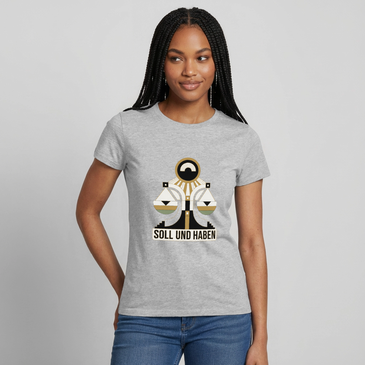 "Soll und Haben. Art-déco-Motiv" Motiv-T-Shirt für Frauen, Farbe Grau meliert