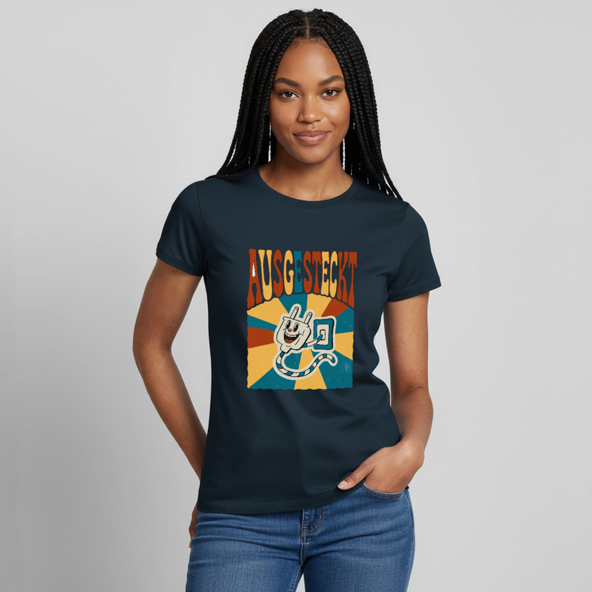 "Ausgesteckt. Midcentury-Motiv" Motiv-T-Shirt für Frauen, Farbe Navy