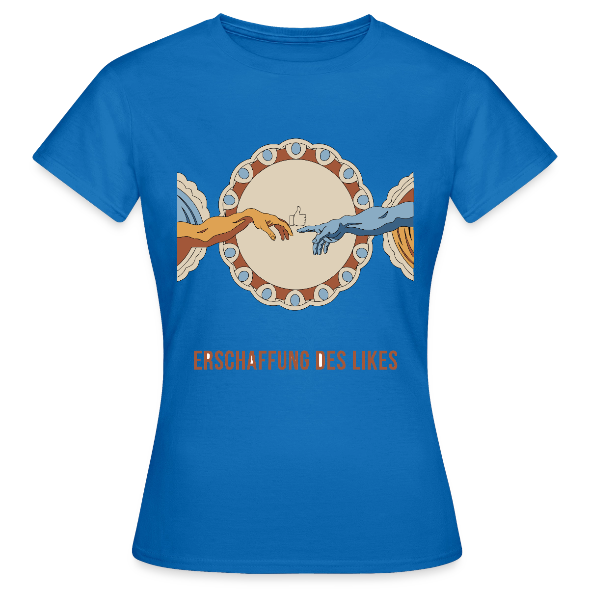 Erschaffung des Likes. Fresko-Motiv Motiv-T-Shirt für Frauen, Farbe Royalblau