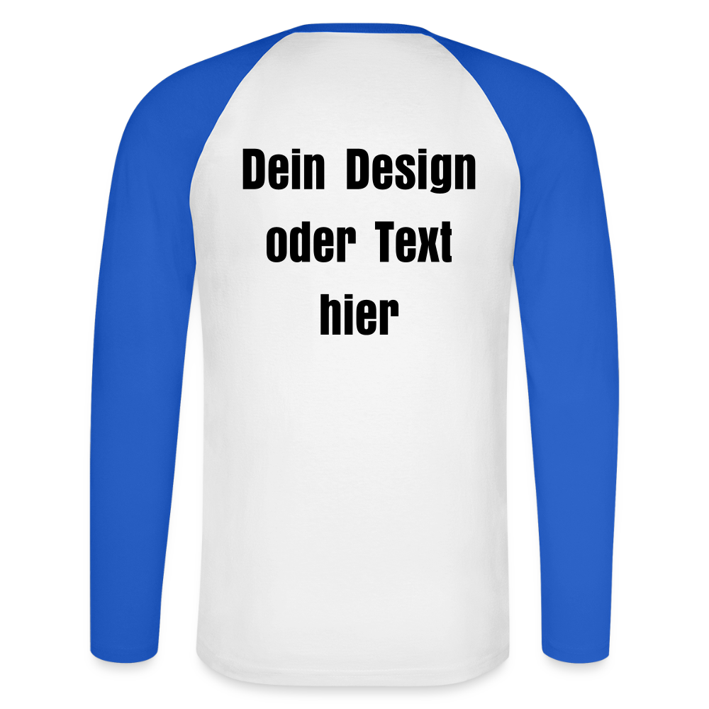 Männer Baseballshirt langarm - personalisierbare Vorder- und Rückseite - Weiß/Royalblau