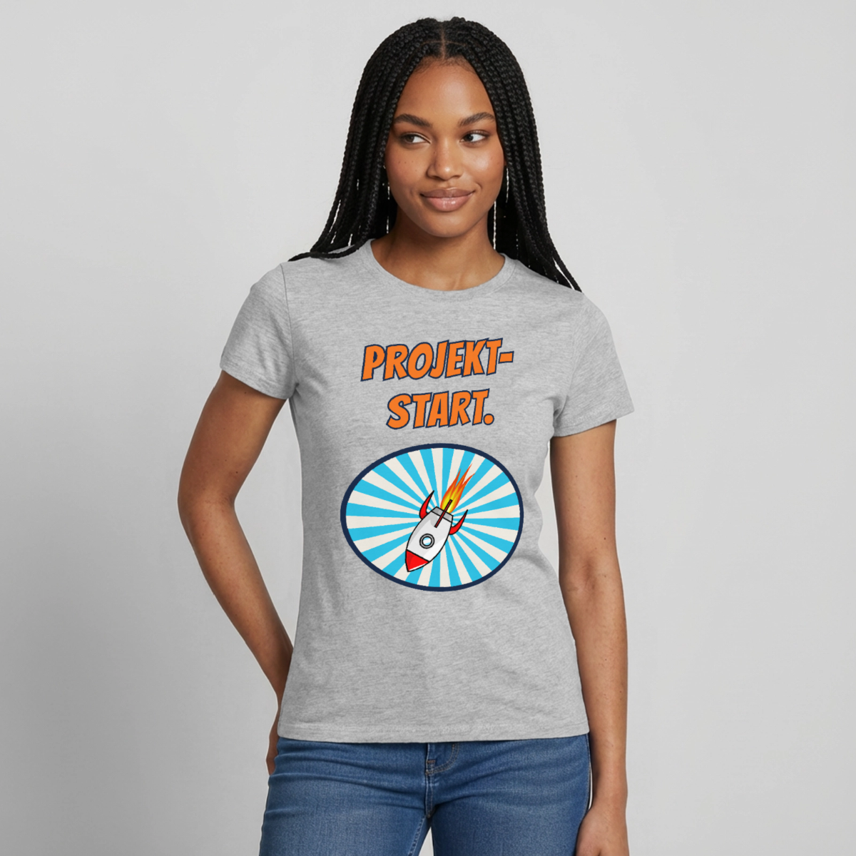 Projektstart. Motiv-T-Shirt für Frauen, Farbe Grau meliert, Model