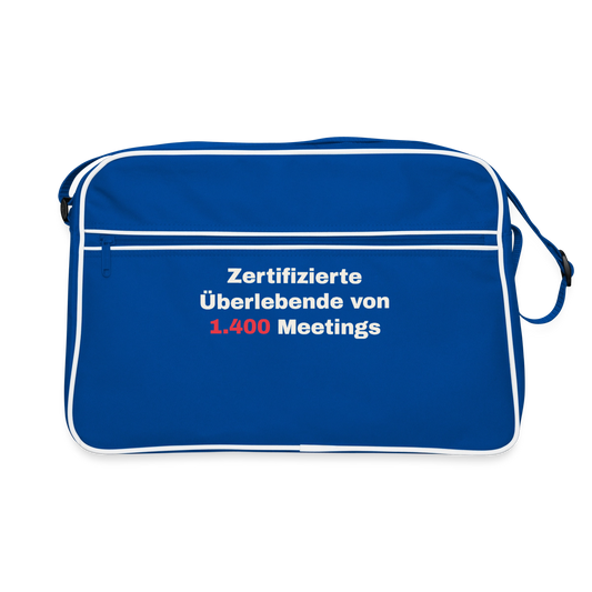 "Zertifizierte Überlebende von 1.400 Meetings" Motiv-Retro-Tasche, Farbe Blau/Weiß