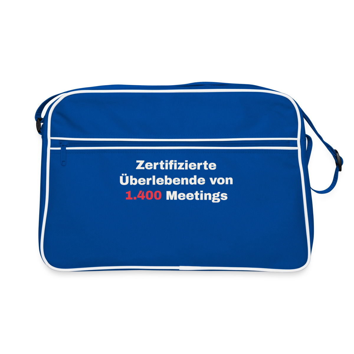 "Zertifizierte Überlebende von 1.400 Meetings" Motiv-Retro-Tasche, Farbe Blau/Weiß