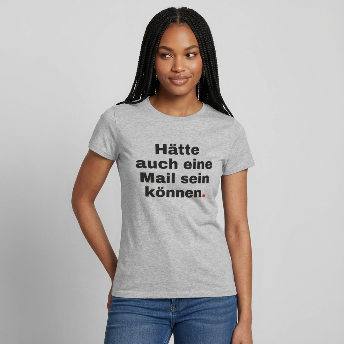 Hätte auch eine Mail sein können. Grotesk-Motiv Motiv-T-Shirt für Frauen, Farbe Grau meliert, Model