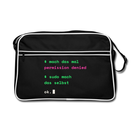 "Mach das mal. Permission denied. Sudo mach das selbst." Motiv-Retro-Tasche, Farbe Schwarz/Weiß