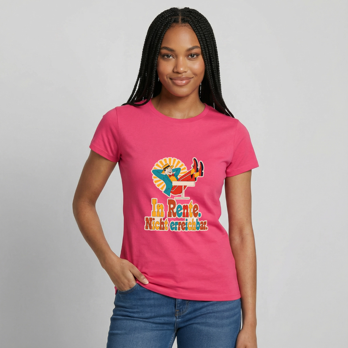 "In Rente. Nicht erreichbar. Midcentury-Motiv" Motiv-T-Shirt für Frauen, Farbe Azalea
