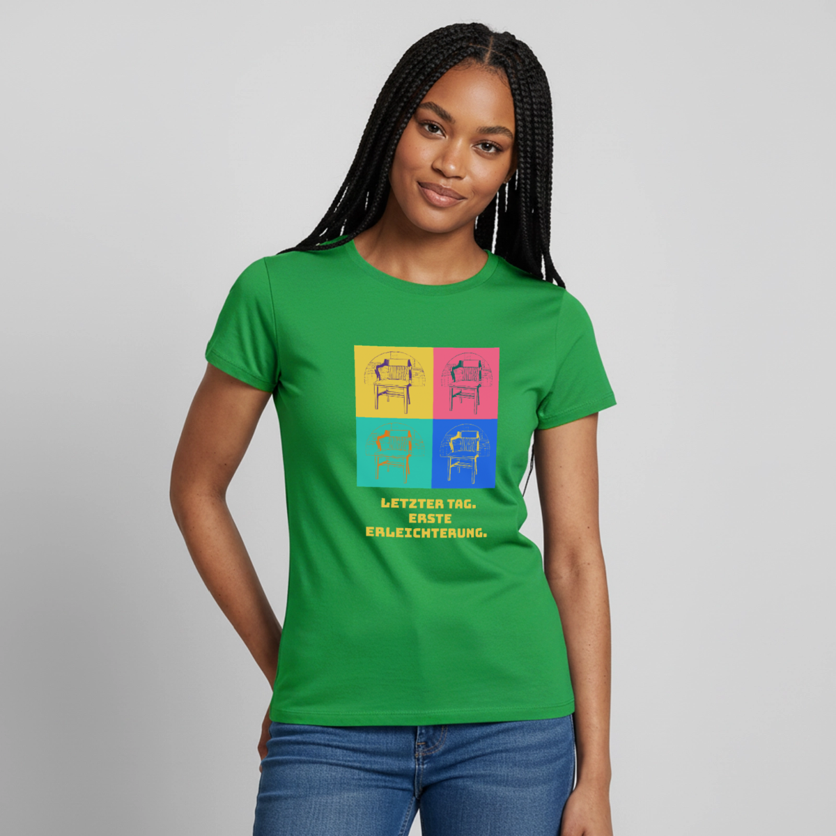 "Letzter Tag. Erste Erleichterung. Popart-Motiv" Motiv-T-Shirt für Frauen, Farbe Kelly Green