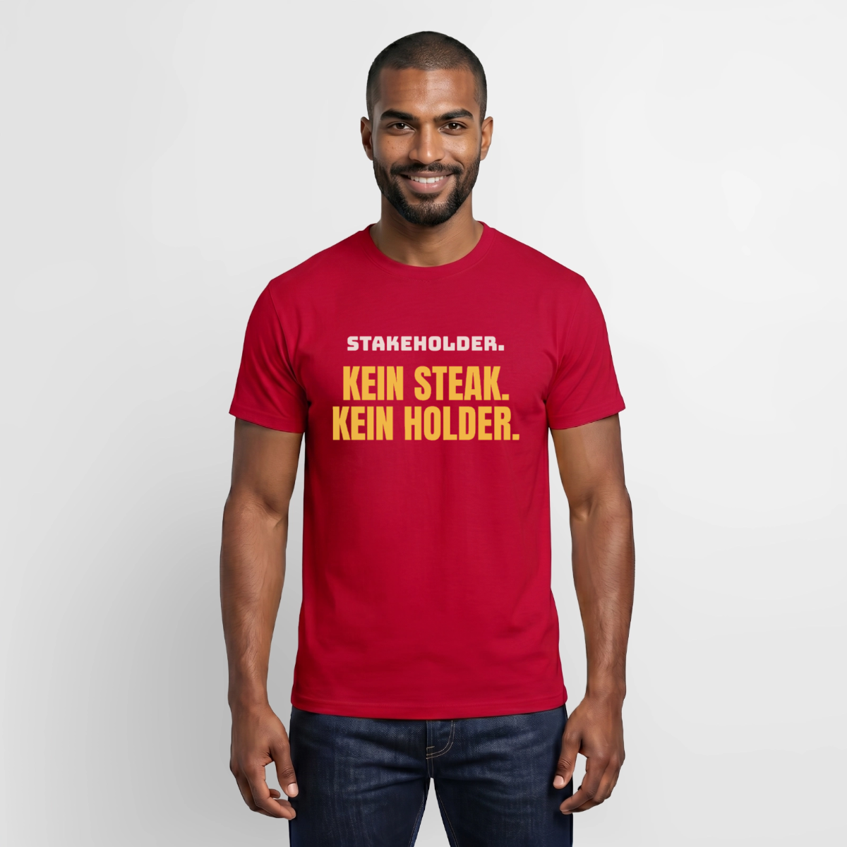 "Stakeholder. Kein Steak. Kein Holder." Motiv-T-Shirt für Männer, Farbe Rot
