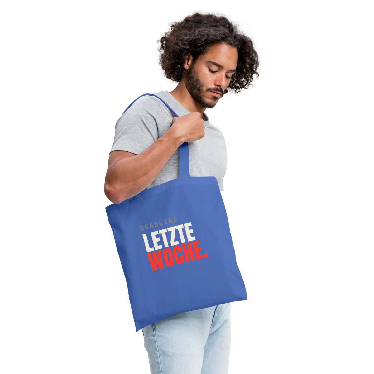 "Deadline: letzte Woche." Stoffbeutel, Farbe Hellblau