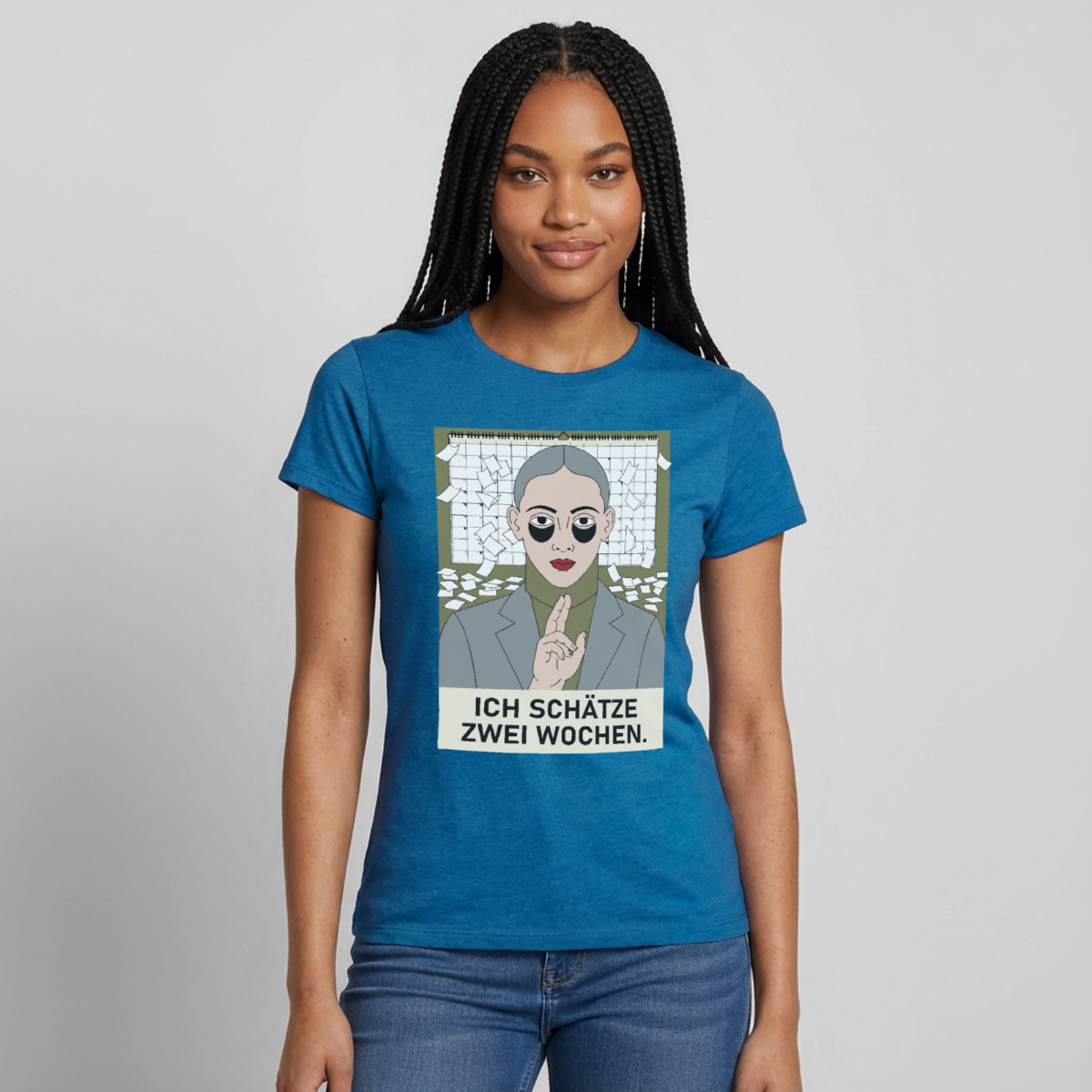 Ich schätze zwei Wochen. Porträt-Motiv Motiv-T-Shirt für Frauen, Farbe Antikblaues Saphir meliert, Model