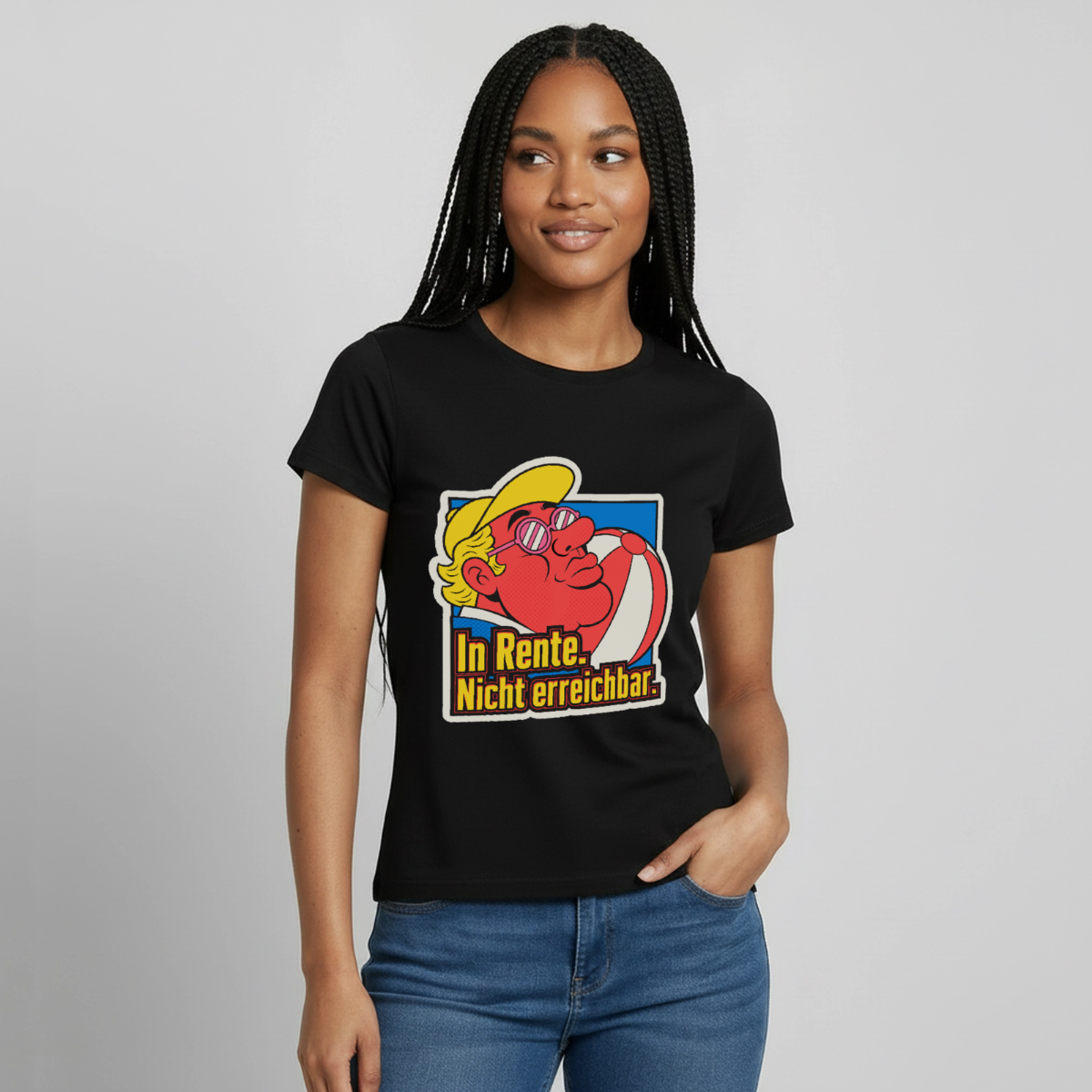 "In Rente. Nicht erreichbar. Popart-Motiv" Motiv-T-Shirt für Frauen, Farbe Schwarz
