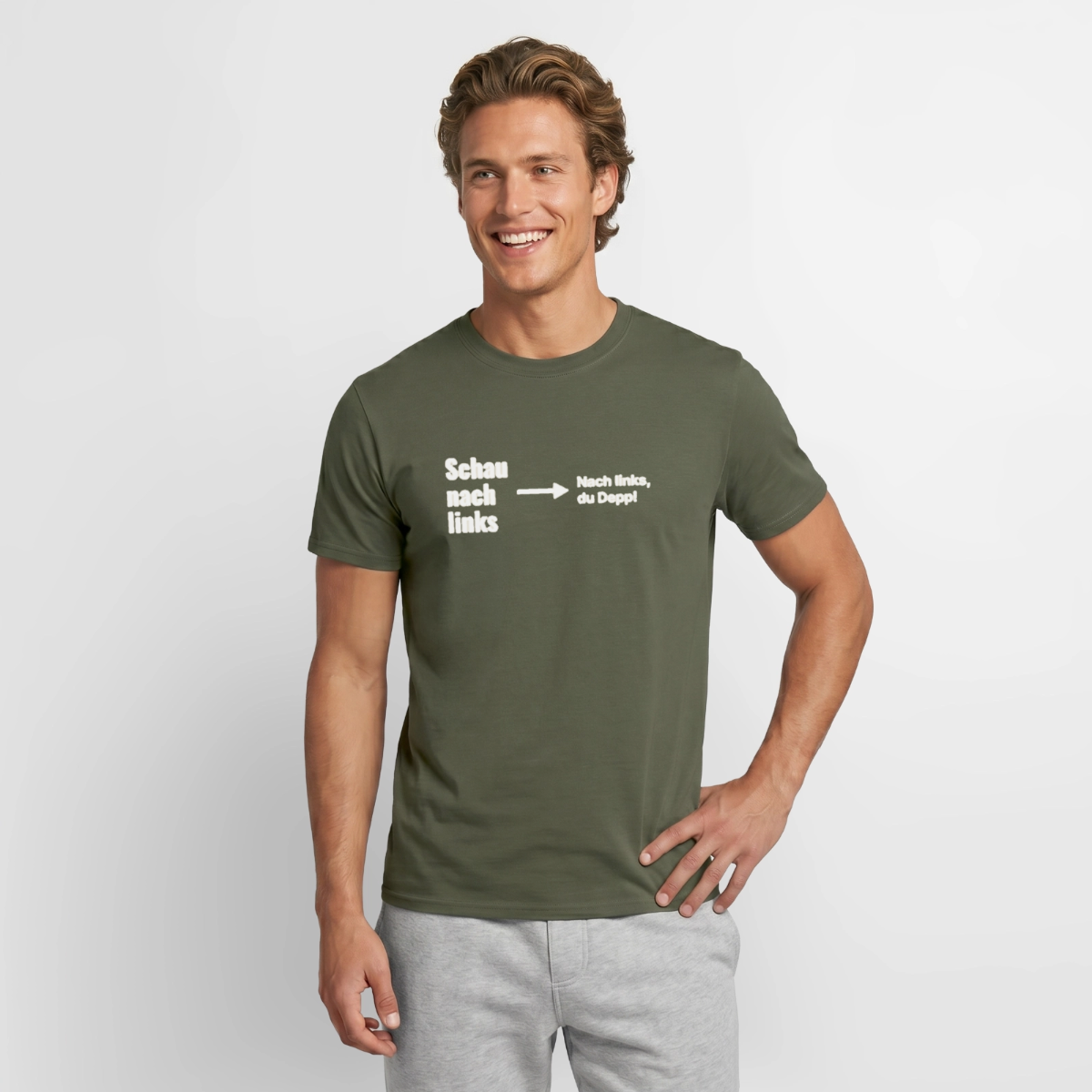 Schau nach links. Motiv-T-Shirt für Männer, Farbe Militärgrün, Model