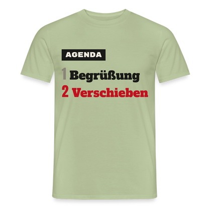 Agenda: 1 Begrüßung, 2 Verschieben Motiv-T-Shirt für Männer, Farbe Sage