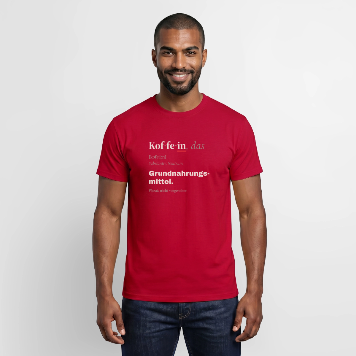 "Koffein, das: Grundnahrungsmittel." Motiv-T-Shirt für Männer, Farbe Rot