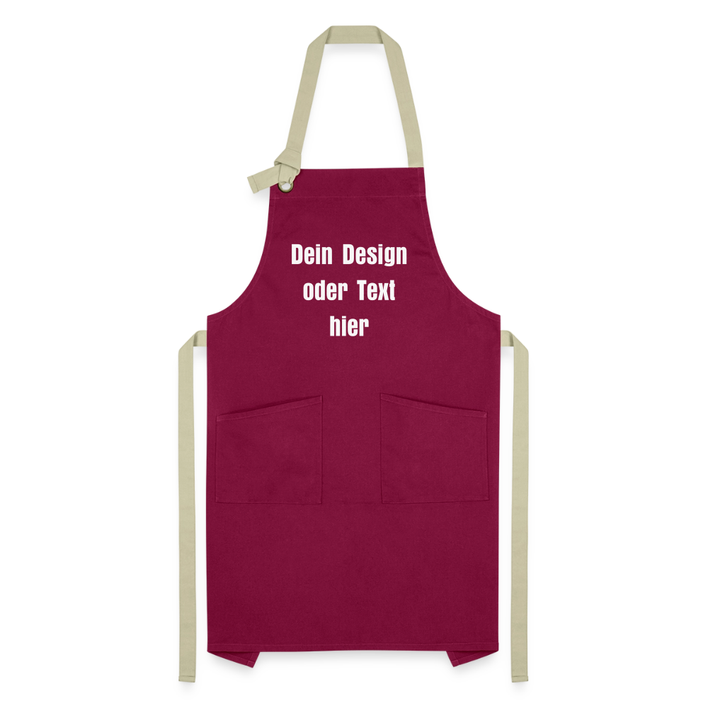 Kontrastschürze aus 100% Baumwolle, Metall - personalisierbar - Burgunderrot / Sandfarben