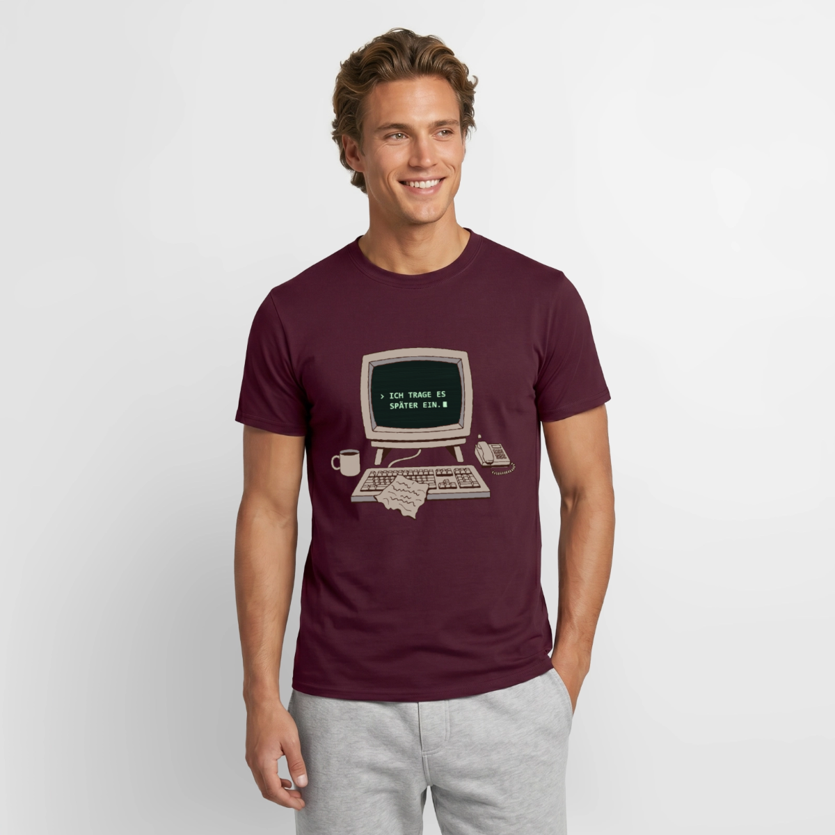 Ich trage es später ein. Motiv-T-Shirt für Männer, Farbe Ziegelrot, Model