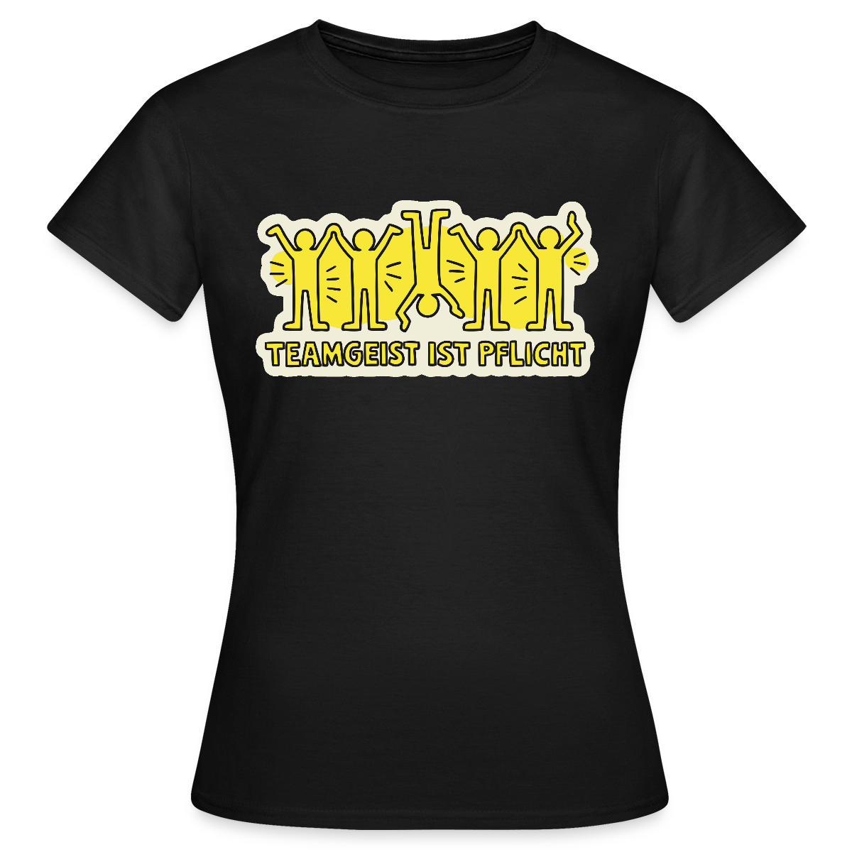 Teamgeist ist Pflicht. Pop-Art-Motiv Motiv-T-Shirt für Frauen, Farbe Schwarz