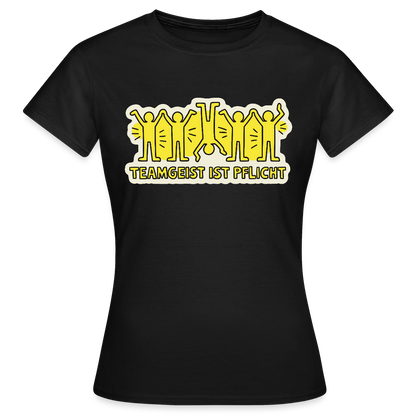 Teamgeist ist Pflicht. Pop-Art-Motiv Motiv-T-Shirt für Frauen, Farbe Schwarz