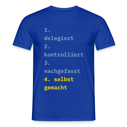 Delegiert. Kontrolliert. Nachgefasst. Selbst gemacht. Motiv-T-Shirt für Männer, Farbe Dunkelblau