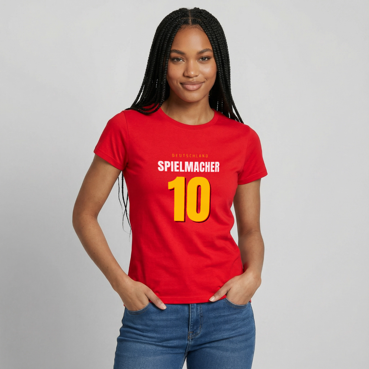 Spielmacher. Trikotnummer-Motiv Motiv-T-Shirt für Frauen, Farbe Rot, Model