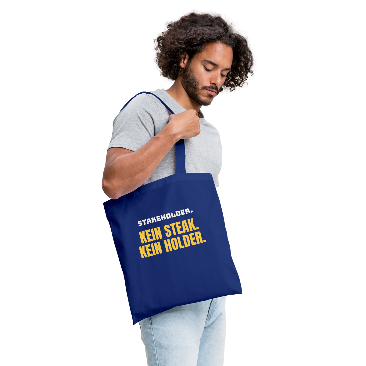 "Stakeholder. Kein Steak. Kein Holder." Stoffbeutel, Farbe Royalblau