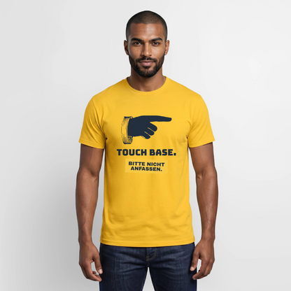 "Touch base. Bitte nicht anfassen." Motiv-T-Shirt für Männer, Farbe Gelb