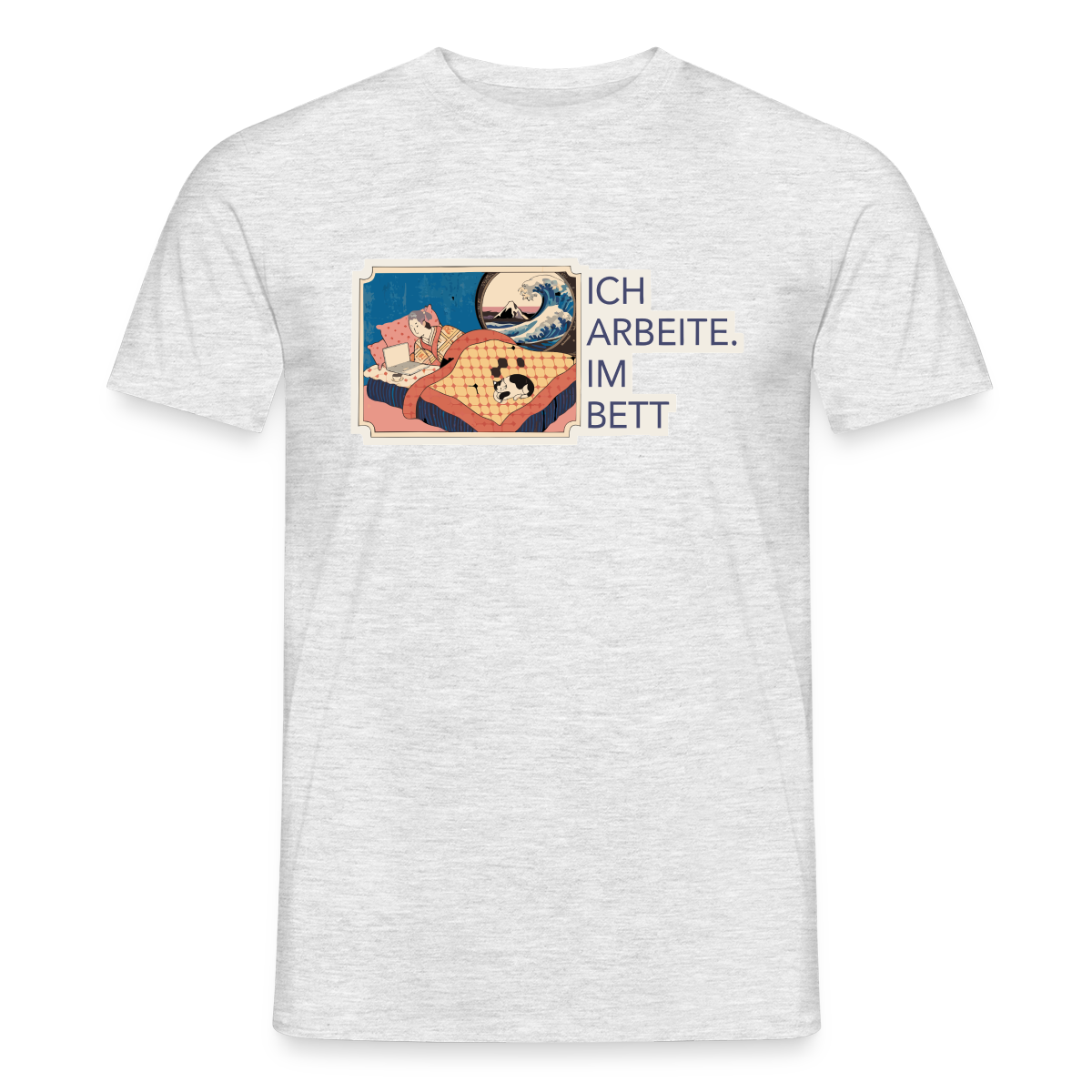 Ich arbeite. Im Bett. Motiv-T-Shirt für Männer, Farbe Grau meliert