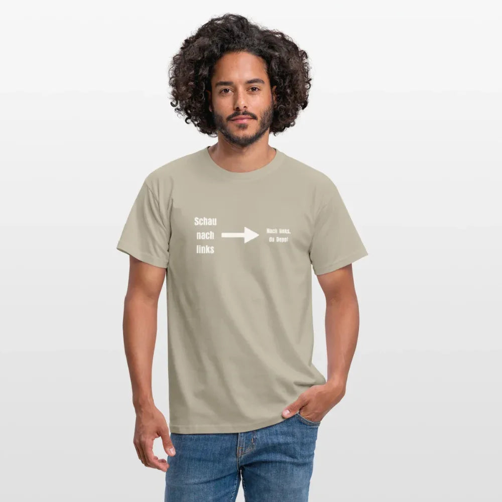 "Schau nach links" Motiv-T-Shirt für Männer - Sandbeige