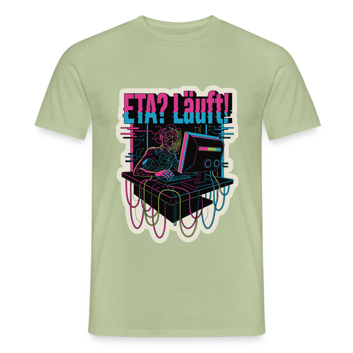 "ETA? Läuft! Cyberpunk-Motiv" Motiv-T-Shirt für Männer, Farbe Sage