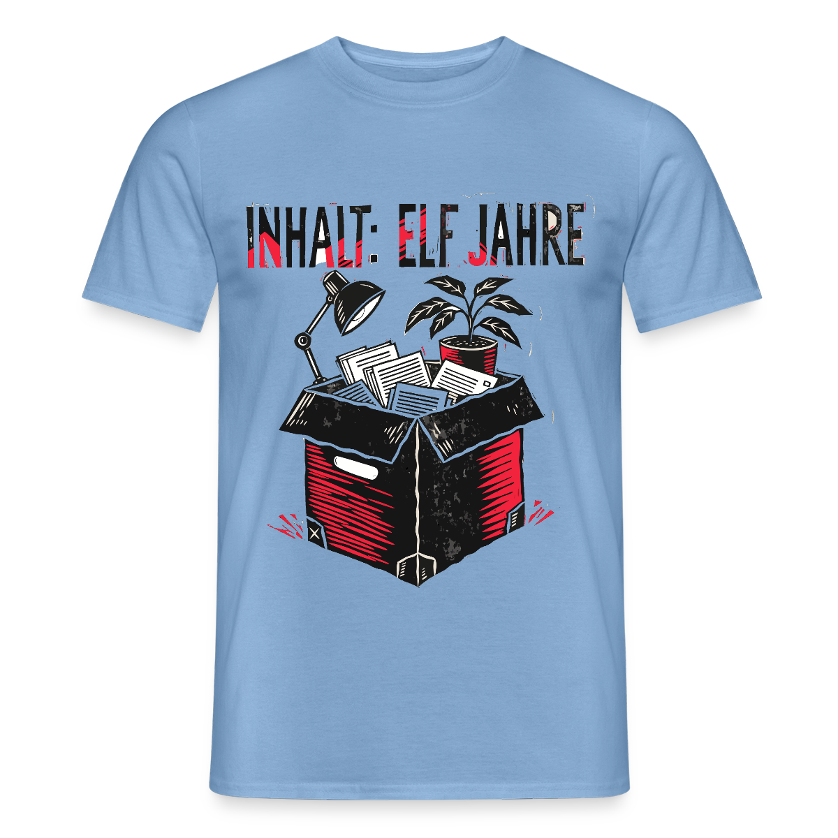"Inhalt: elf Jahre. Linolschnitt-Motiv" Motiv-T-Shirt für Männer, Farbe Carolina Blue