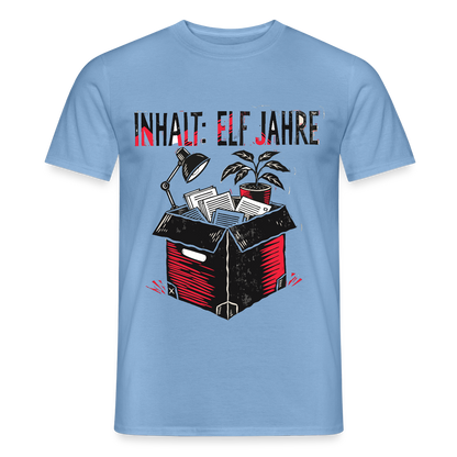 "Inhalt: elf Jahre. Linolschnitt-Motiv" Motiv-T-Shirt für Männer, Farbe Carolina Blue