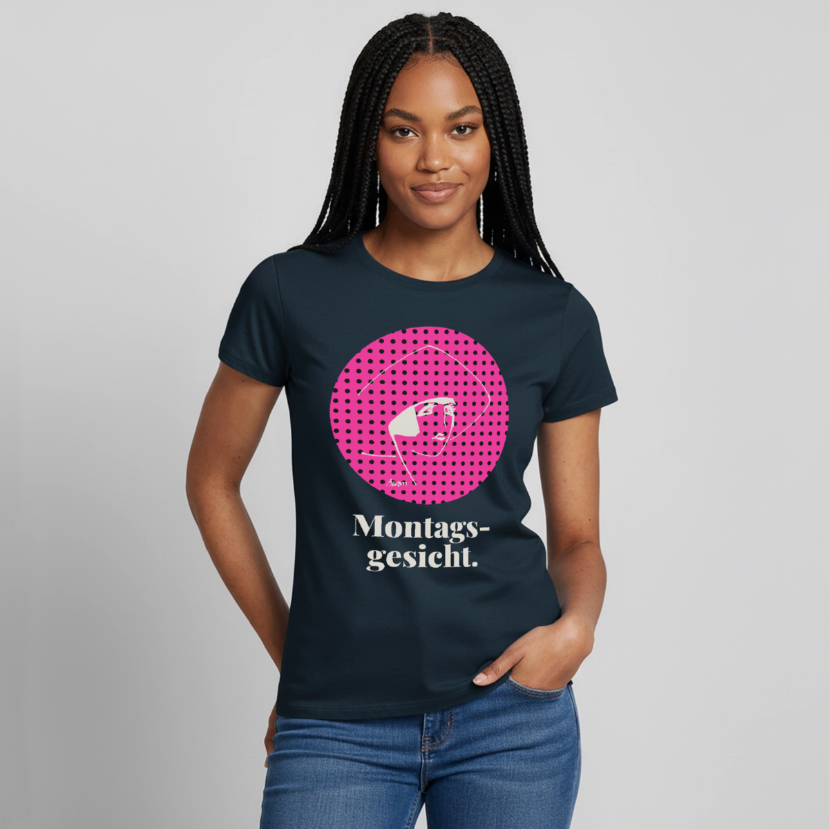 "Montagsgesicht. Art-déco-Motiv" Motiv-T-Shirt für Frauen, Farbe Navy