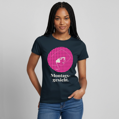 "Montagsgesicht. Art-déco-Motiv" Motiv-T-Shirt für Frauen, Farbe Navy