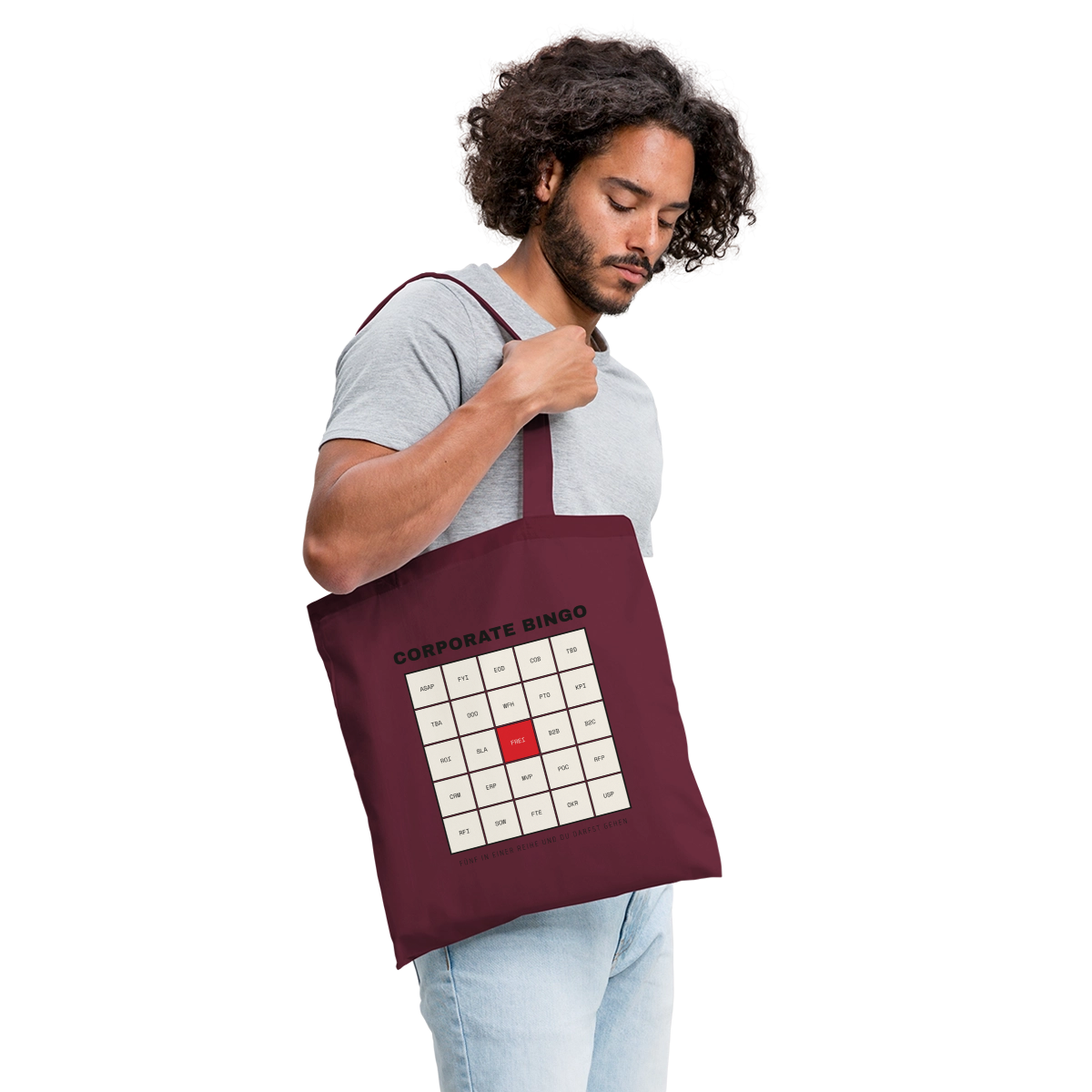 Corporate Bingo. Fünf in einer Reihe. Stoffbeutel, Farbe Burgunderrot, Model