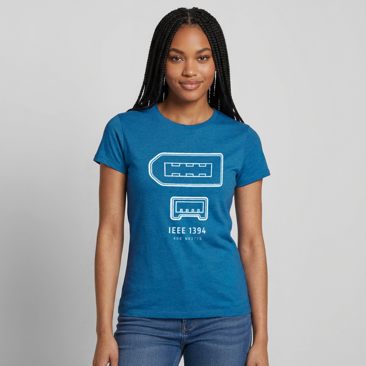 "IEEE 1394, 400 Mbit/s" Motiv-T-Shirt für Frauen, Farbe Antikblaues Saphir meliert