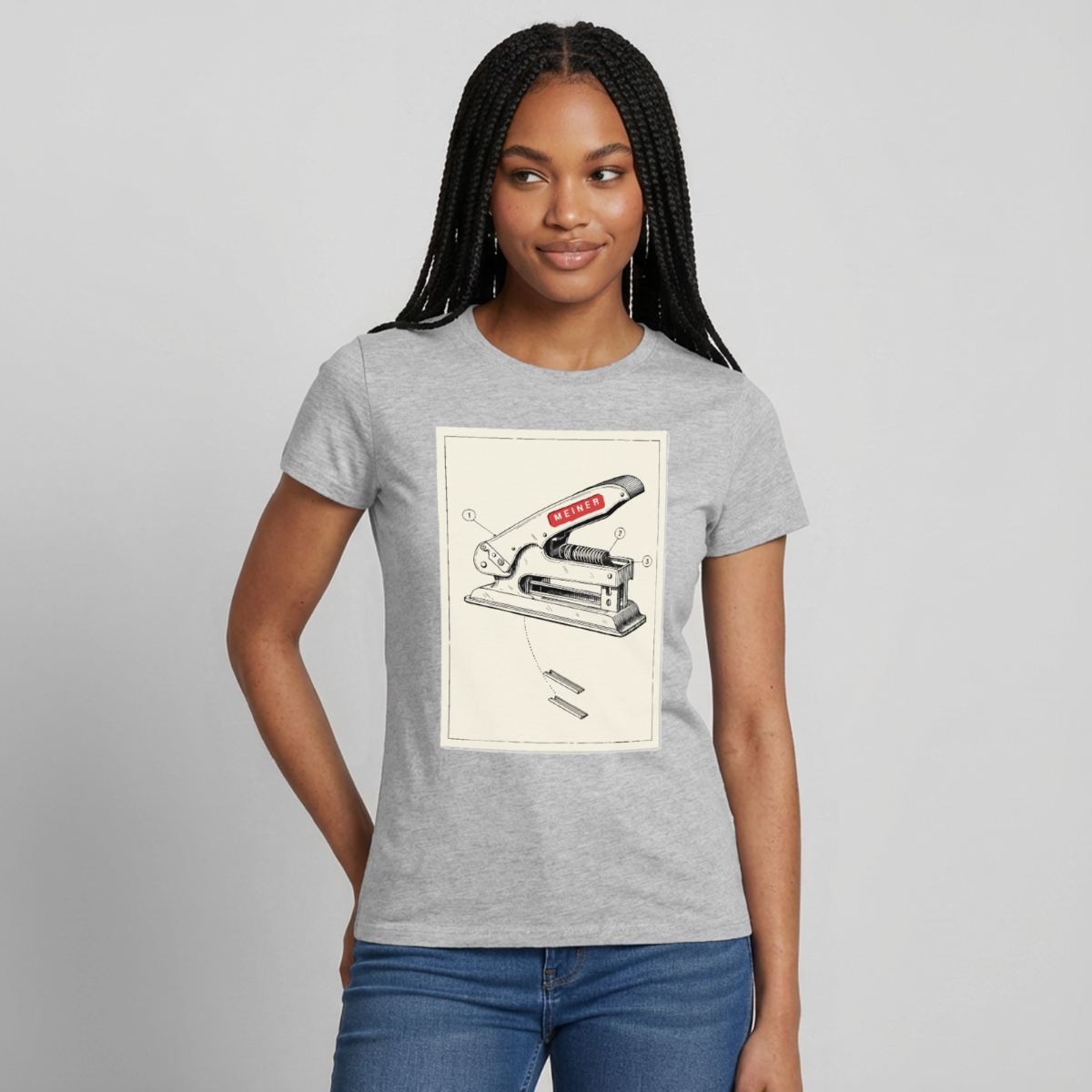 Meiner. Der Tacker kommt mit. Motiv-T-Shirt für Frauen, Farbe Grau meliert, Model