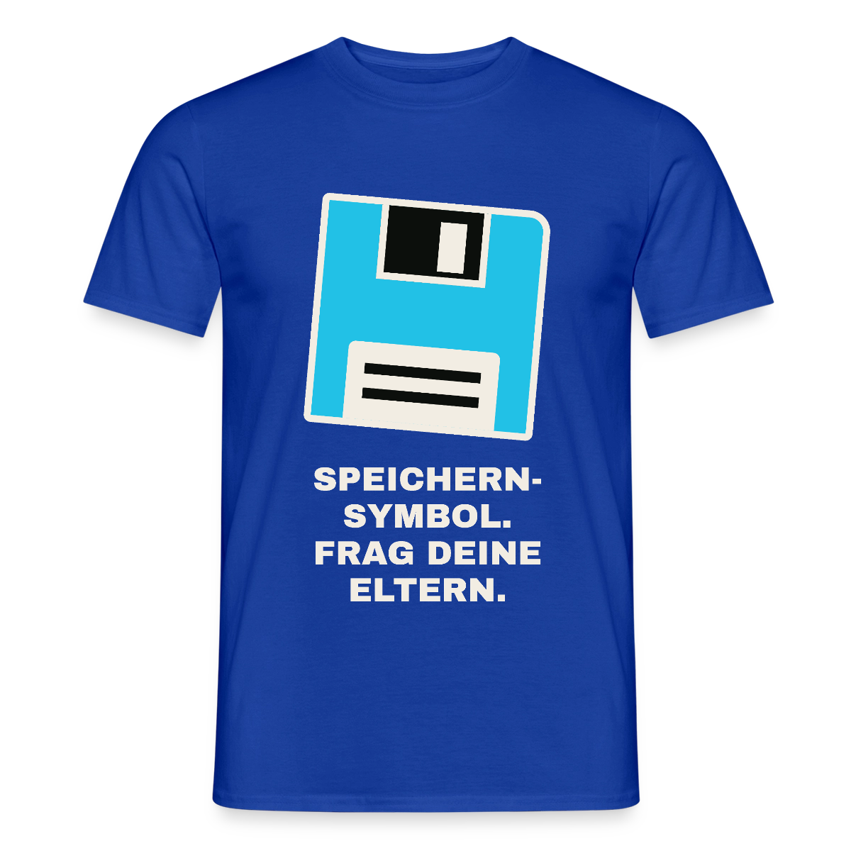 Speichern-Symbol. Frag deine Eltern. Motiv-T-Shirt für Männer, Farbe Dunkelblau