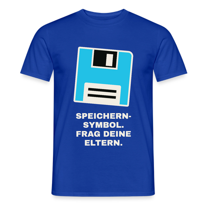 Speichern-Symbol. Frag deine Eltern. Motiv-T-Shirt für Männer, Farbe Dunkelblau