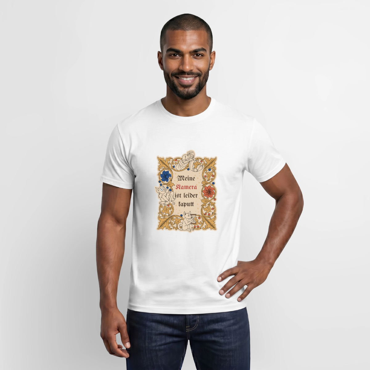 "Meine Kamera ist leider kaputt. Buchmalerei-Motiv" Motiv-T-Shirt für Männer, Farbe Weiß