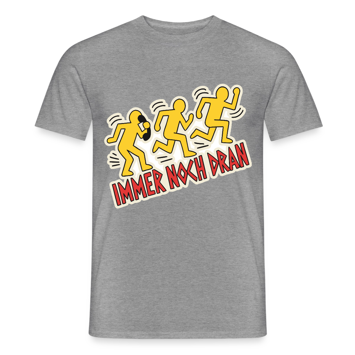 Immer noch dran. Pop-Art-Motiv Motiv-T-Shirt für Männer, Farbe Graphit meliert