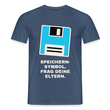Speichern-Symbol. Frag deine Eltern. Motiv-T-Shirt für Männer, Farbe Dunkles Denimblau