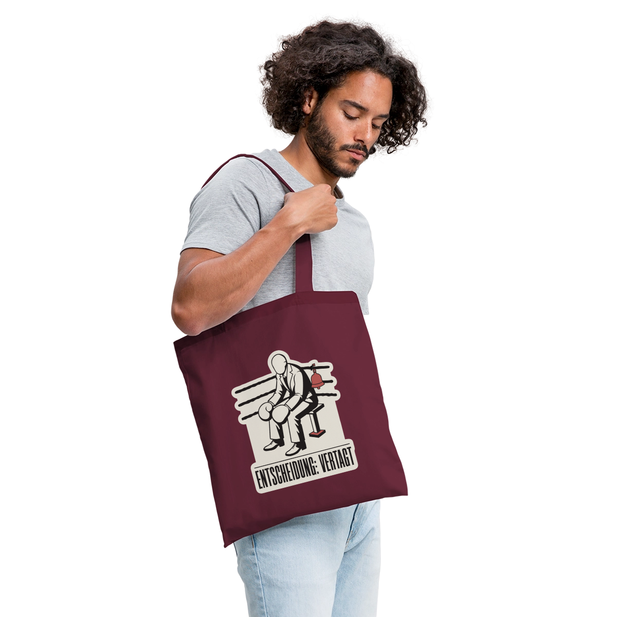 "Entscheidung: vertagt. Boxplakat-Motiv" Stoffbeutel, Farbe Burgunderrot