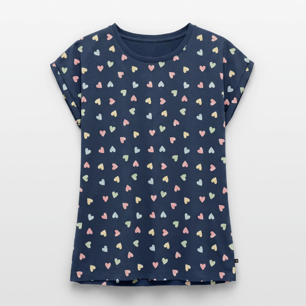 All-over-Print Frauen Premium Organic T-Shirt - Marineblau/Bunte Herzen