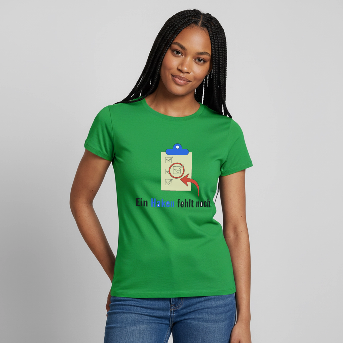 "Ein Haken fehlt noch." Motiv-T-Shirt für Frauen, Farbe Kelly Green