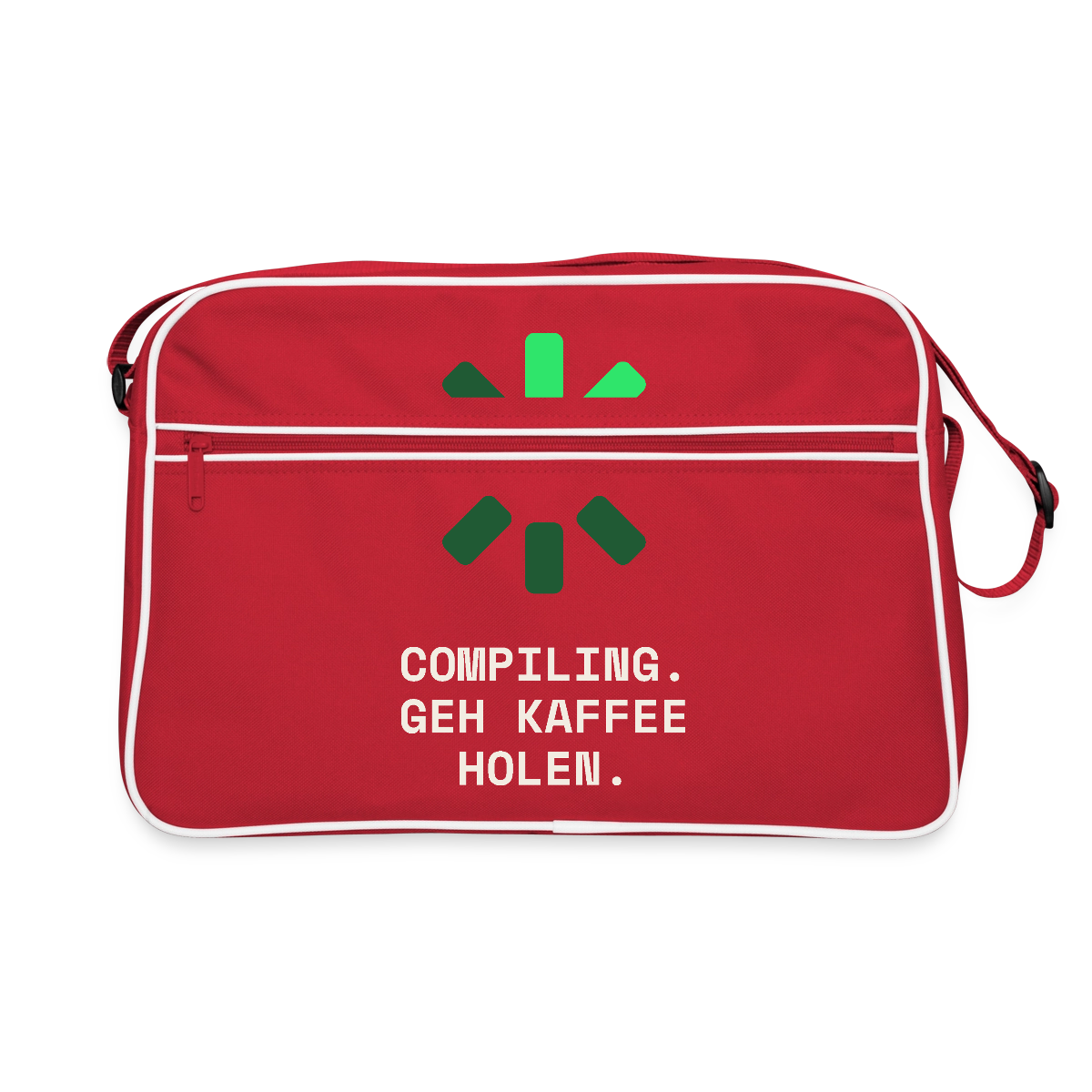 "Compiling. Geh Kaffee holen." Motiv-Retro-Tasche, Farbe Rot/Weiß